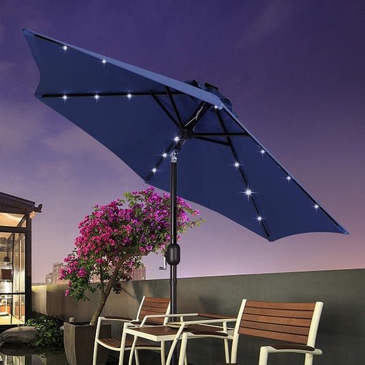 Outdoor Solar Umbrella - 7.5 Ft LED Lighted Patio Umbrella with Tilt and Crank for Garden, Deck, Backyard, Pool, and Beach