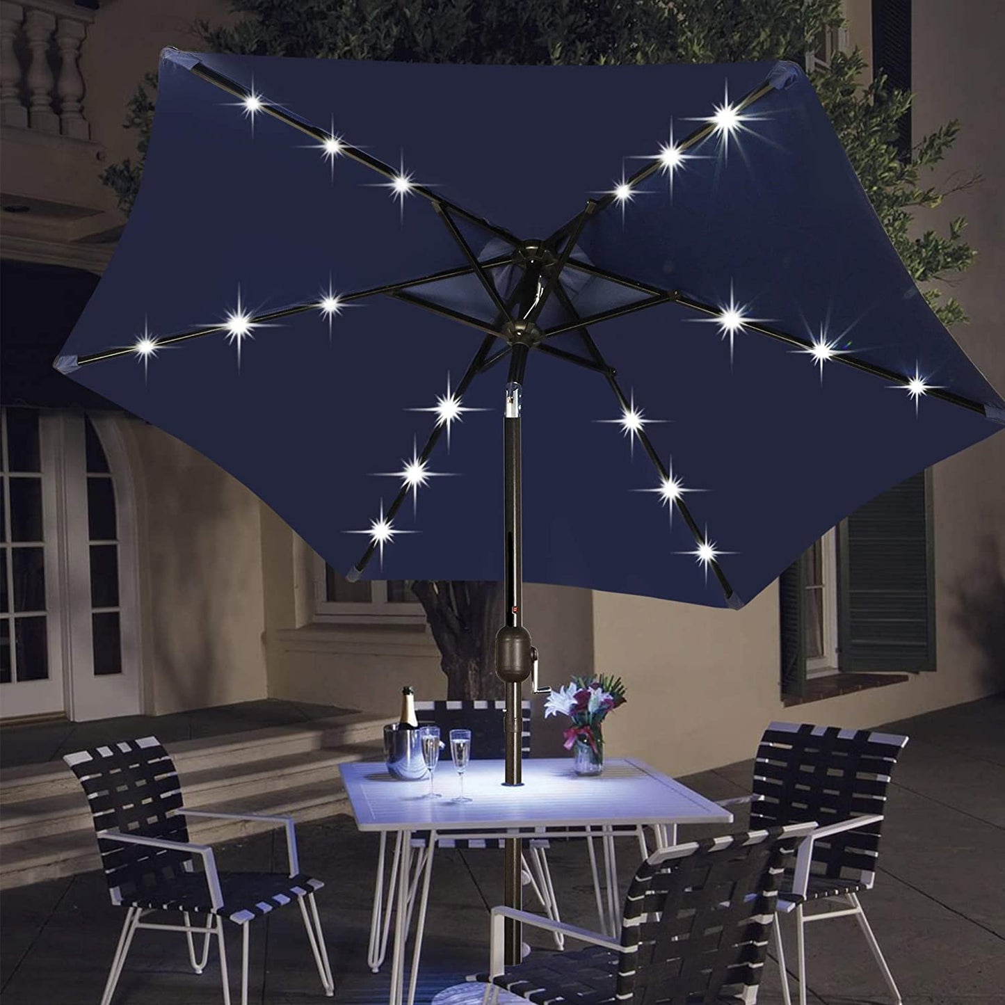 Outdoor Solar Umbrella - 7.5 Ft LED Lighted Patio Umbrella with Tilt and Crank for Garden, Deck, Backyard, Pool, and Beach