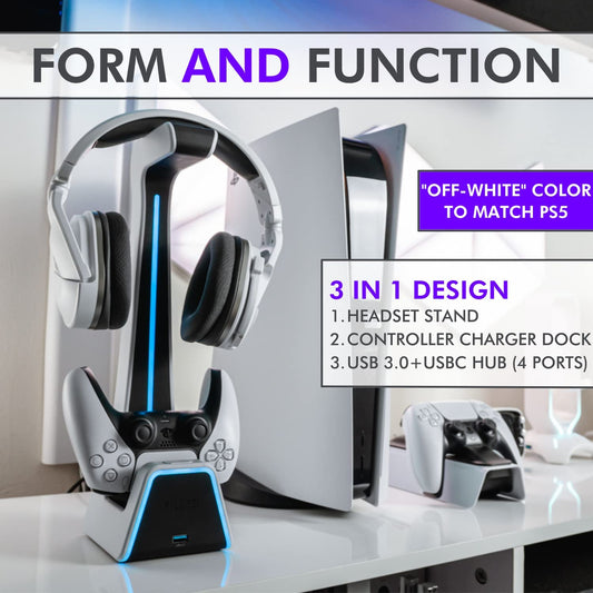 Nation RGB Headset and Controller Stand with Charging Station - PS4 / PS5 Controller Holder with Charger - Stylish Headphone and Game Controller Holder for Playstation or PC