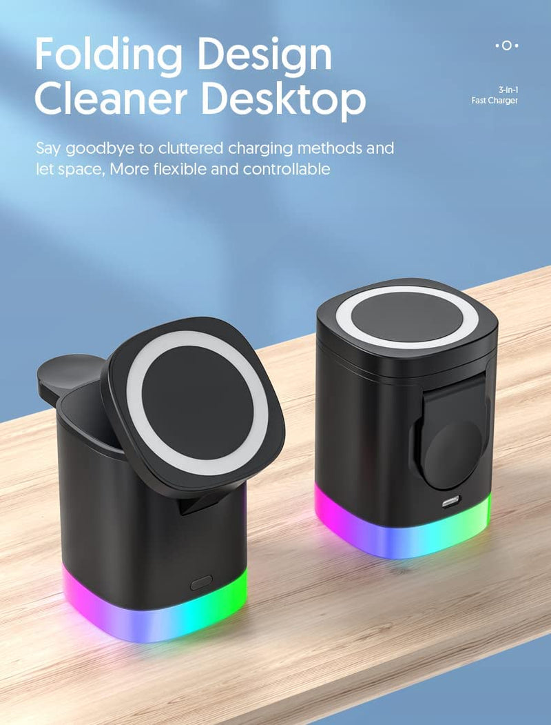 Magnetic Wireless Charging Station for Apple Series 3 in 1 Fast Mag-Safe Wireless Charger Stand for iPhone