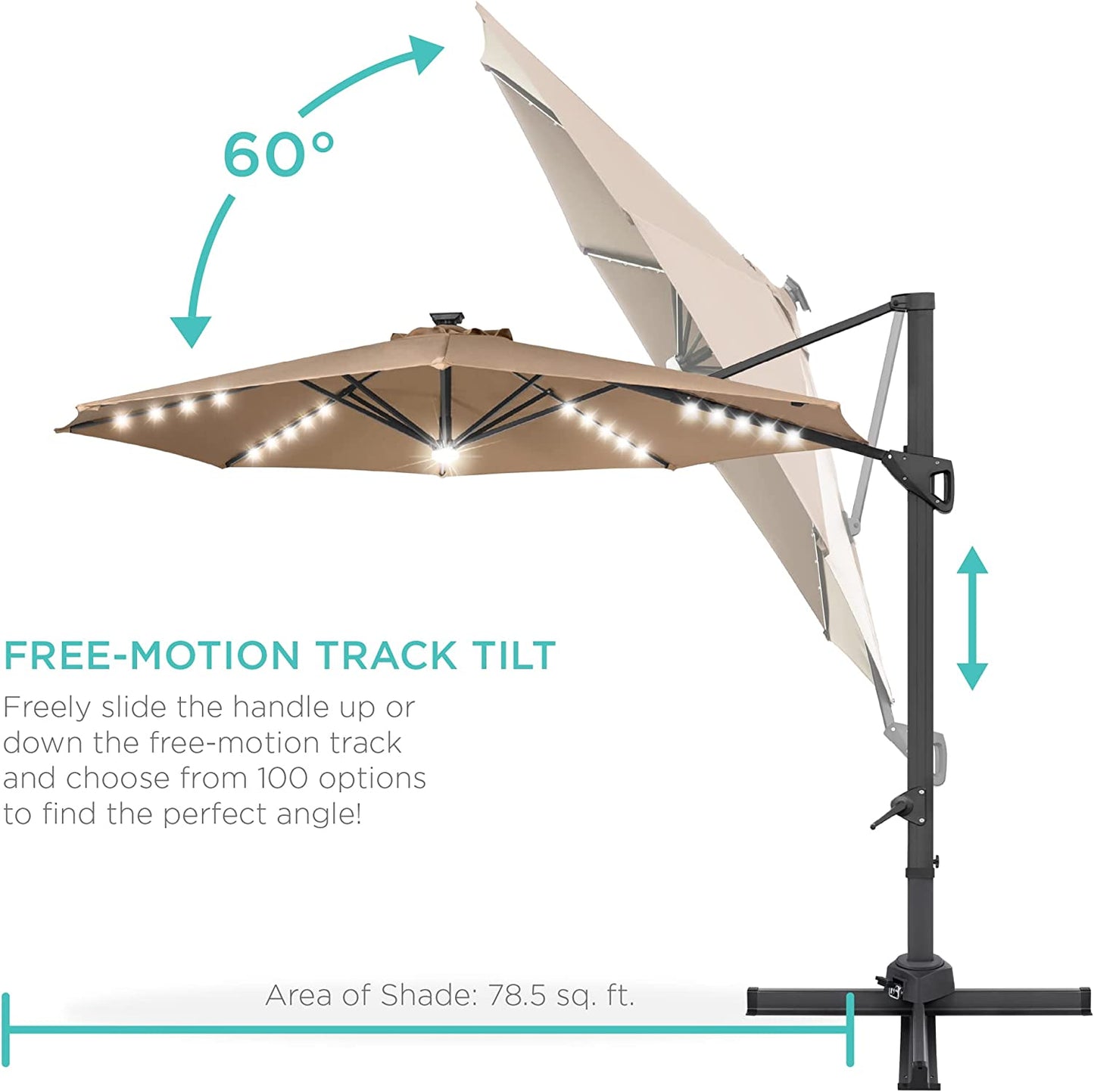 Solar LED Cantilever Patio Umbrella with Lights, 10 Foot Easy Tilt, and Cross Base, 360-Degree Hanging Offset Sun Shade for Backyard, Deck, and Poolside