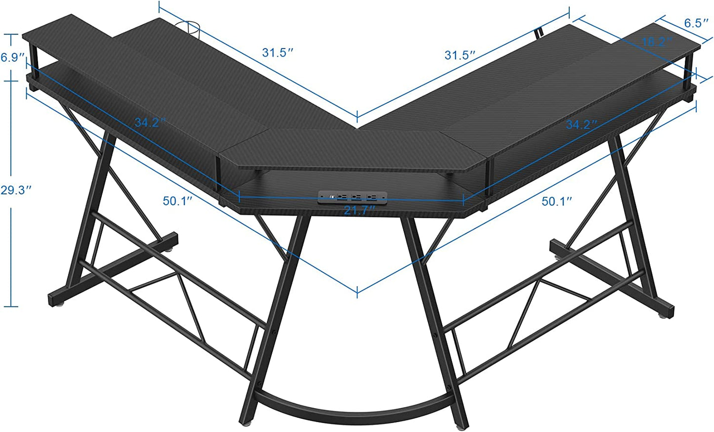 Gaming Desk with Led Lights and Power Strip L Shaped Desk Corner Computer Desk with Monitor Stand, Carbon Fiber Surface Gaming Table with Desk Accessories Cup Holder Headphone Hook, Black