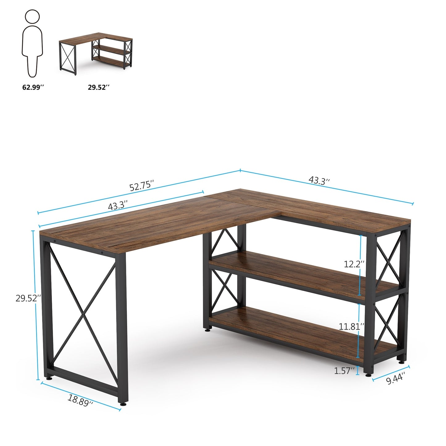 Industrial L-Shaped Desk with Storage Shelves, Corner Computer Desk PC Laptop Study Table Workstation