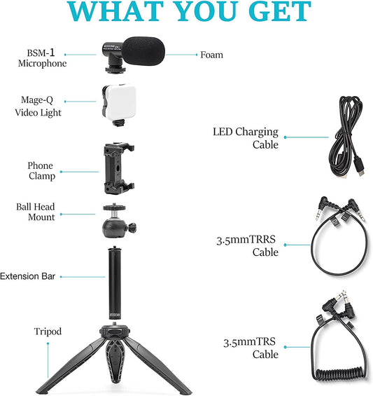 Smartphone Vlogging Kit for Iphone13Promax,Youtube Starter Kit W/Phone Tripod Phone Microphone LED Light Extension Pole,Content Creator Video Kit for Live-Streaming,Youtube,Tiktok(Bsk-3)