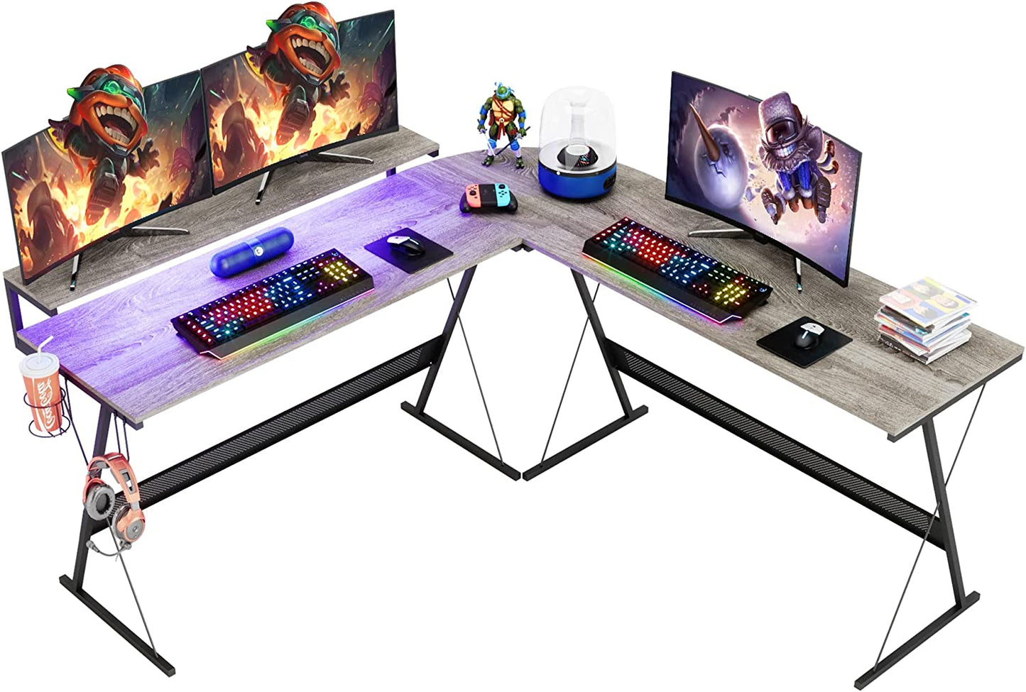 Gaming Desk 55 Inch LED L Shaped Computer Corner Desk with 36" Large Monitor Shelf Gamer Desk Workstation Reversible 72" Long Desk for 2 Persons Cup Holder Headset Hook, Carbon Fiber Black