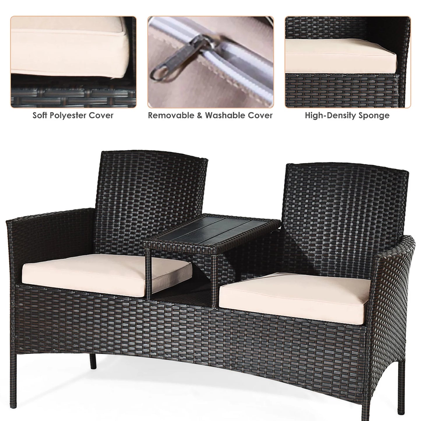 Patio Rattan Conversation Set Loveseat Sofa Cushioned Coffee