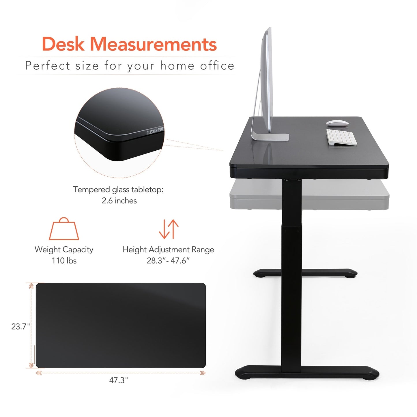Home Office Electric Height Adjustable Desk 48" Width Standing Desk Computer Desk Glass Top with Drawer, USB Charged