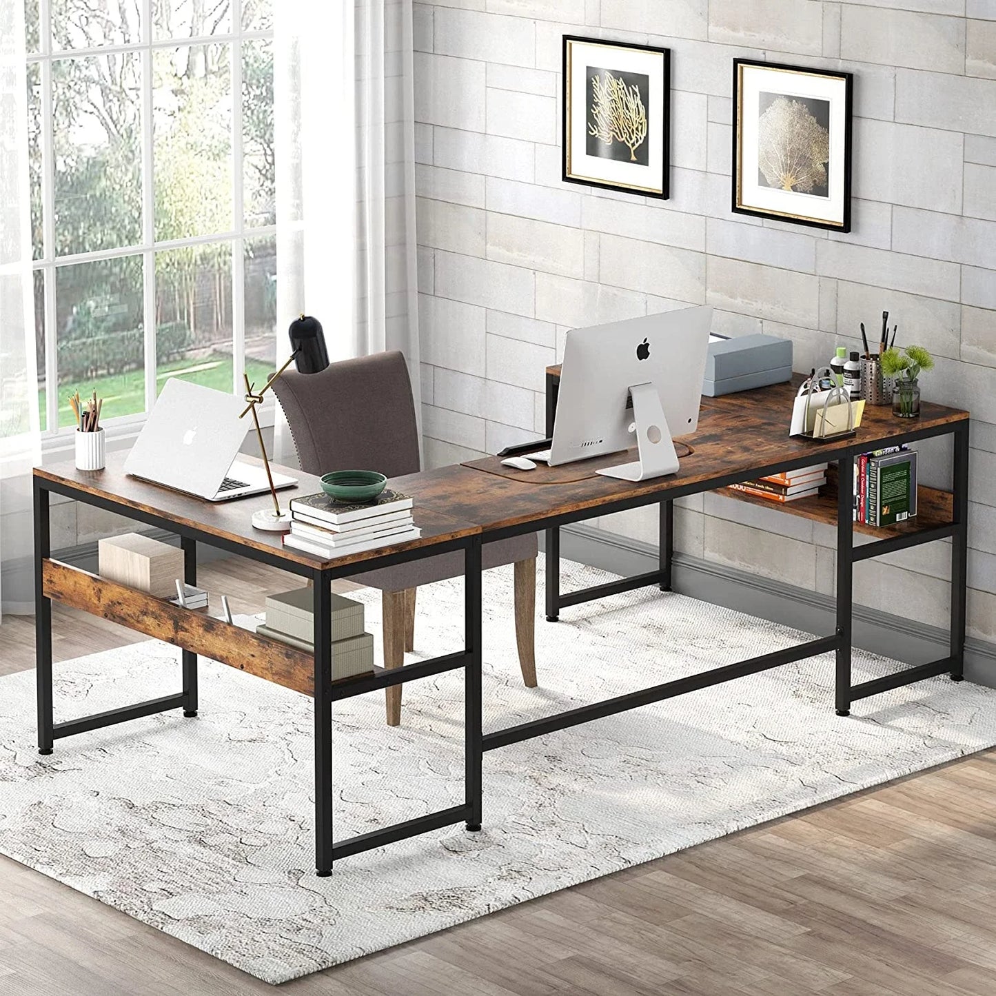 U- Shaped Desk with Bookshelf and Tiltable Drawing Board Large L Shaped Computer Desk Table