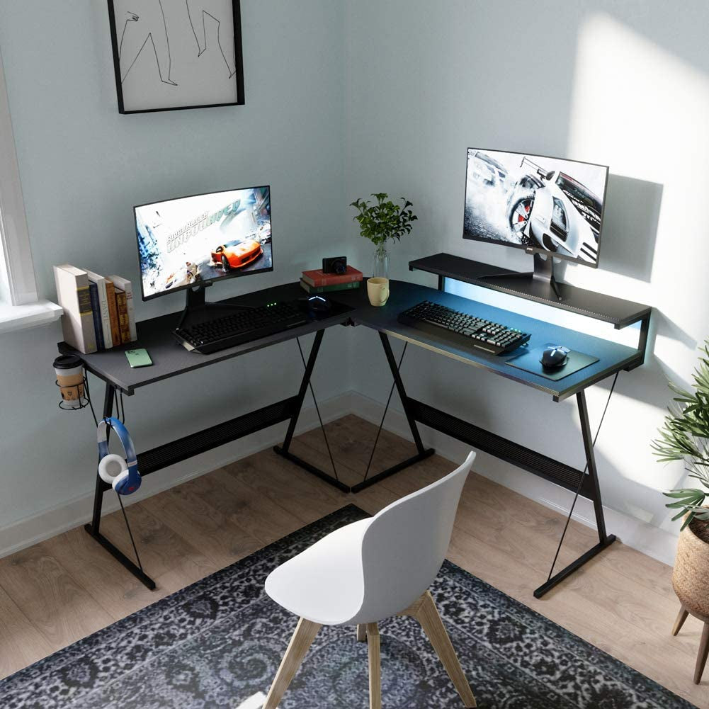 Gaming Desk 55 Inch LED L Shaped Computer Corner Desk with 36" Large Monitor Shelf Gamer Desk Workstation Reversible 72" Long Desk for 2 Persons Cup Holder Headset Hook, Carbon Fiber Black