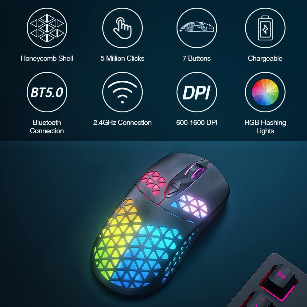 KM-3 Wireless Gaming Mouse, Rechargeable Computer Mouse USB Mice with Honeycomb Shell, 7 Programmed Buttons, 4 Adjustable DPI, BT5.0/ Bt3.0/2.4Ghz Wireless Mouse for Windows PC Mac