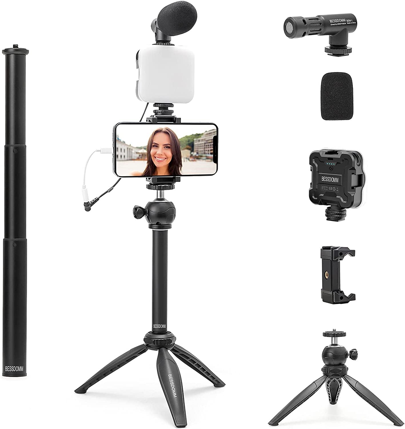 Smartphone Vlogging Kit for Iphone13Promax,Youtube Starter Kit W/Phone Tripod Phone Microphone LED Light Extension Pole,Content Creator Video Kit for Live-Streaming,Youtube,Tiktok(Bsk-3)