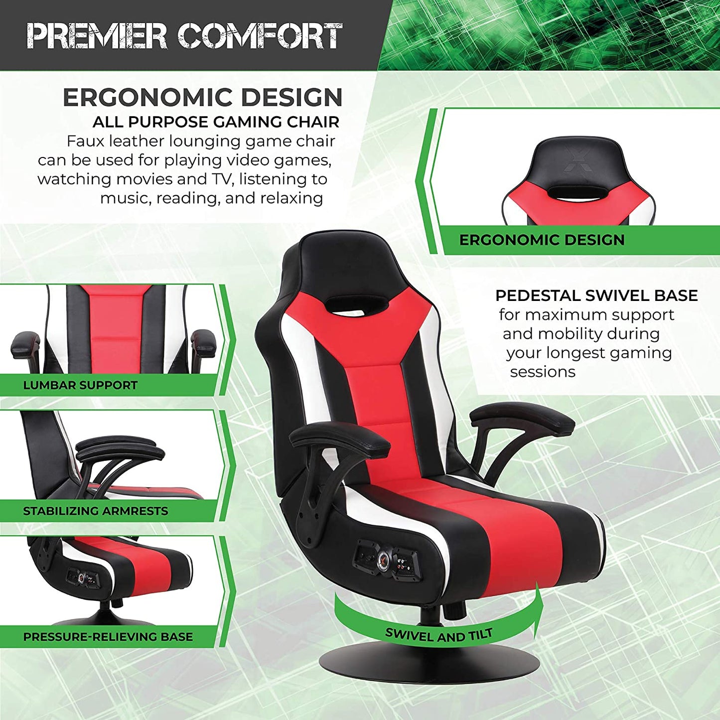 Falcon Pedestal PC Office Gaming Chair, 32" X 25" X 42", Black/Red
