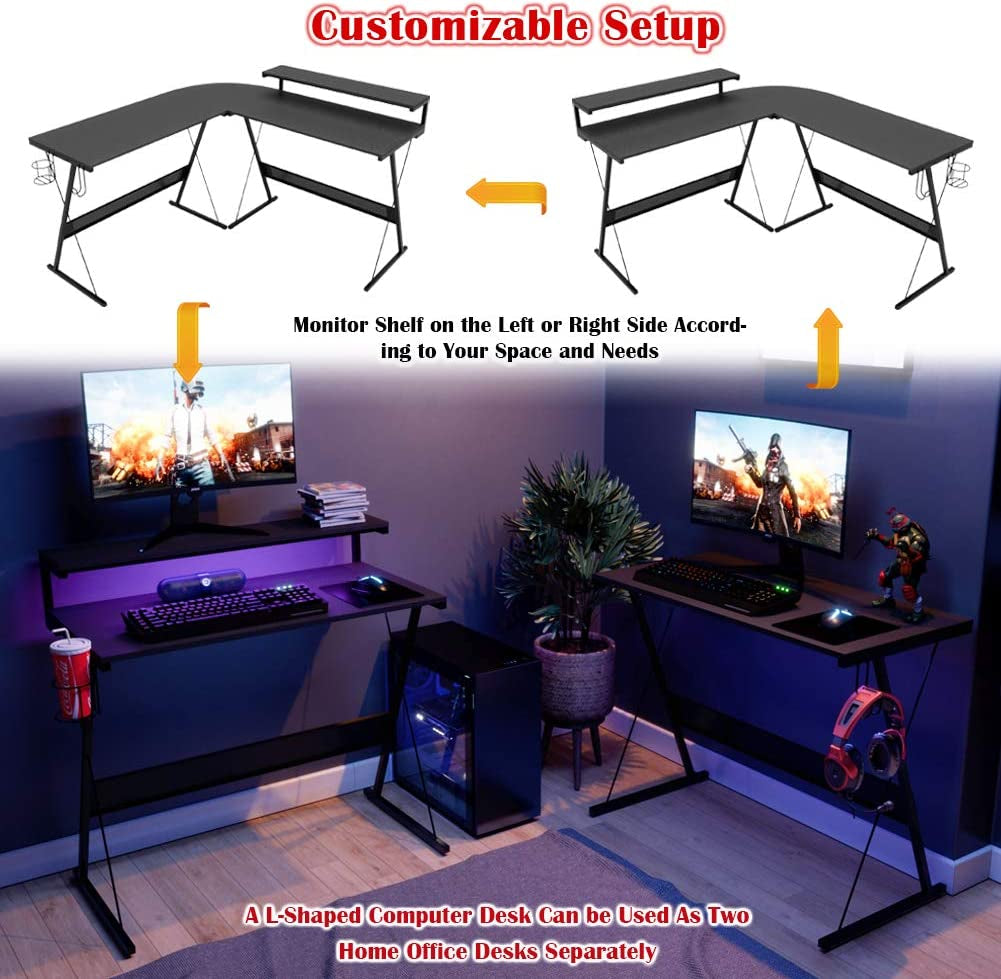Gaming Desk 55 Inch LED L Shaped Computer Corner Desk with 36" Large Monitor Shelf Gamer Desk Workstation Reversible 72" Long Desk for 2 Persons Cup Holder Headset Hook, Carbon Fiber Black