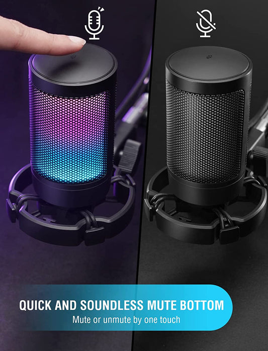Gaming USB Microphone for PC PS5, Condenser Mic with Quick Mute, RGB Indicator, Tripod Stand, Pop Filter, Shock Mount, Gain Control for Streaming Discord Twitch Podcasts Videos- Ampligame