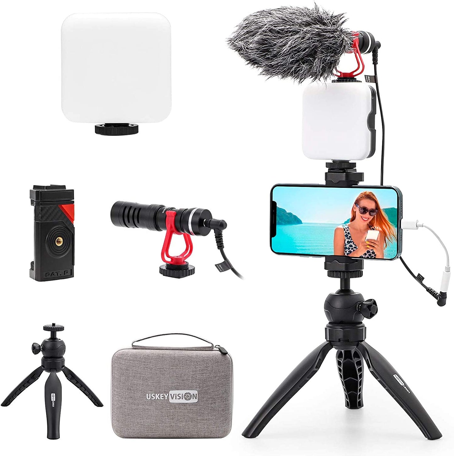 Smartphone Vlog Microphone Light Kit/Video Kit/Blogger Kit for Iphone 13/Mini/Pro/Max, Smartphone and Cameras, with Metal Microphone and Light, for Youtube, Tiktok, Live Steam (Vlog K2)