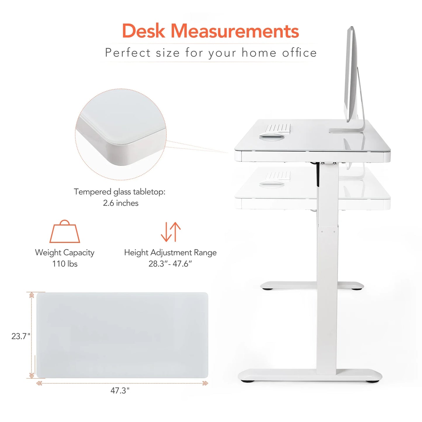 Home Office Electric Height Adjustable Desk 48" Width Standing Desk Computer Desk Glass Top with Drawer, USB Charged