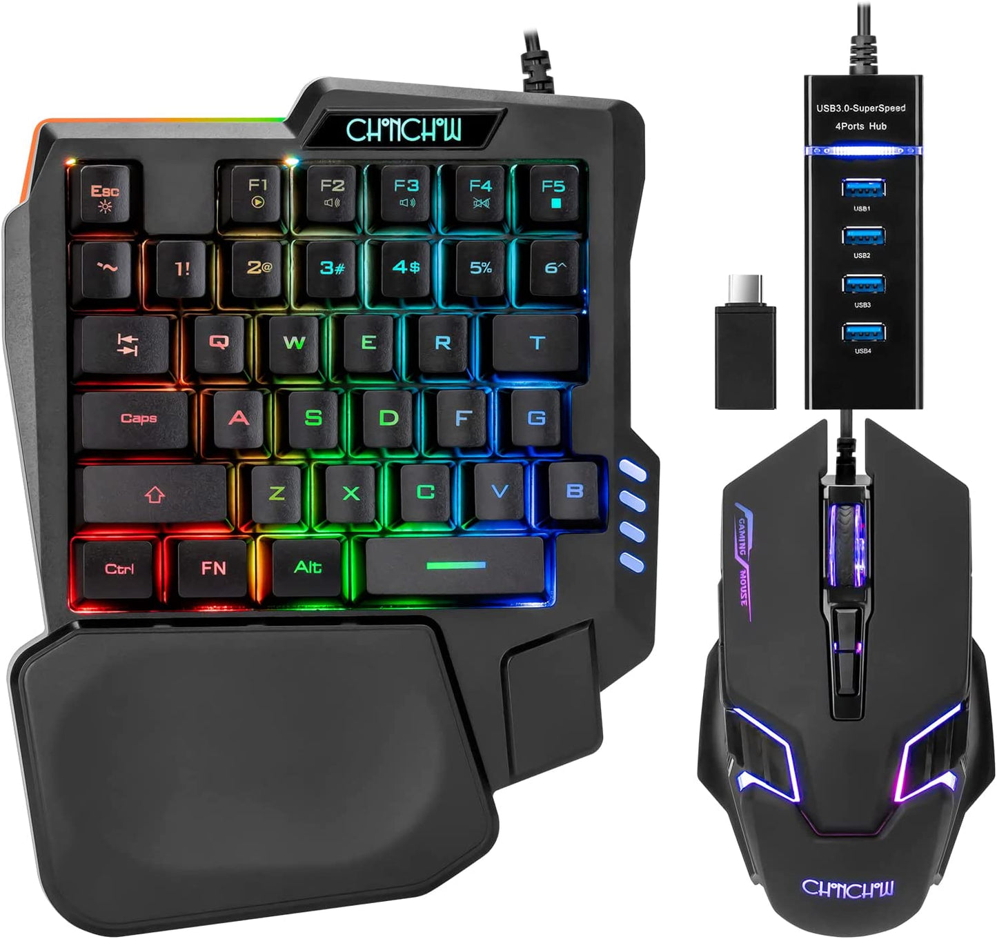 Gaming One Hand Keyboard Mouse USB Splitter USB C Adapter Combo with Wide Wrist-Rest RGB LED Backlit up to 7200DPI CPI Customize 4 Port Adapter Half Keypad Set for Lol/Wow/Fortnite/Dota/Pubg