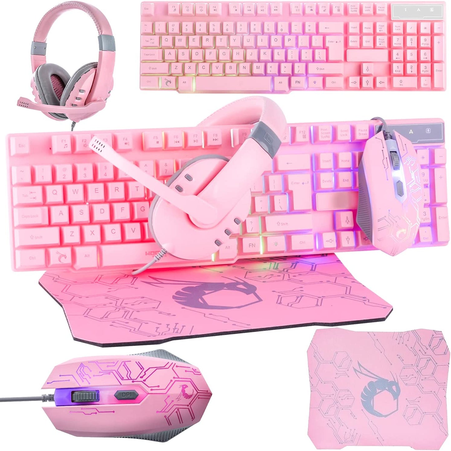 Gaming Keyboard and Mouse and Mouse Pad and Gaming Headset, Wired LED RGB Backlight Bundle for PC Gamers and Xbox and PS4 Users - 4 in 1 Edition Hornet RX-250