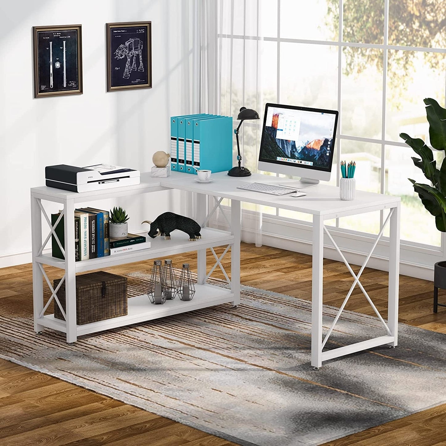 Industrial L-Shaped Desk with Storage Shelves, Corner Computer Desk PC Laptop Study Table Workstation