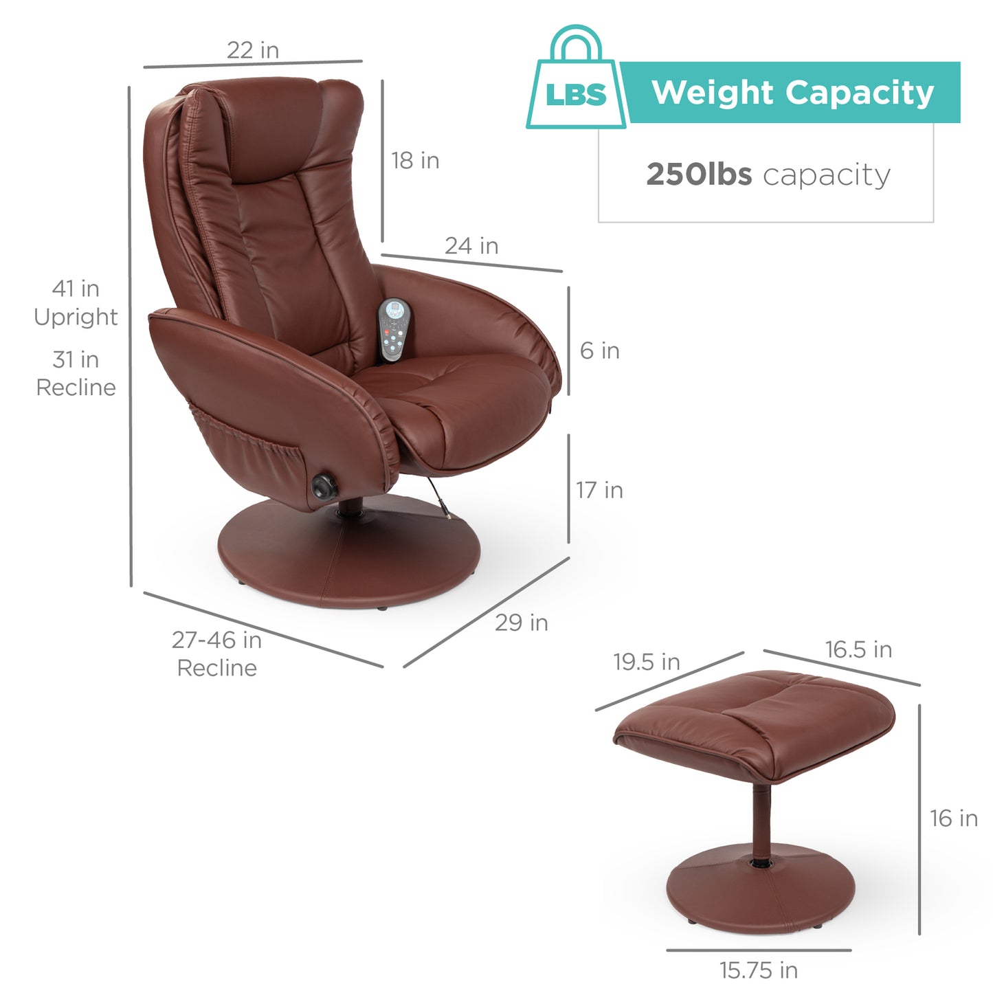 Faux Leather Electric Massage Recliner Chair W/ Stool Ottoman, Remote Control, 5 Modes - Brown