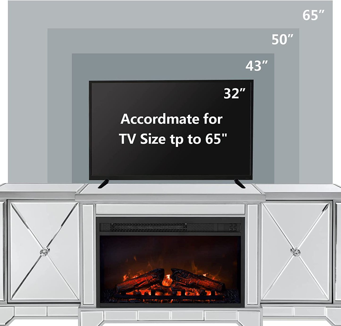 Co & Supply Mirrored Electric Fireplace TV Stand up to 65”, Mirrored TV Stand with 18” LED Fireplace and Remote