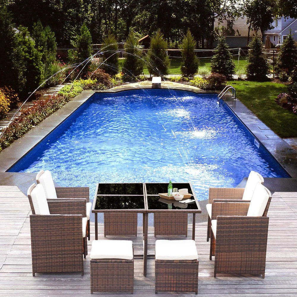 9 Pieces Patio Dining Sets Outdoor Space Saving Rattan Chairs with Glass Table Sectional Conversation Set with Cushions