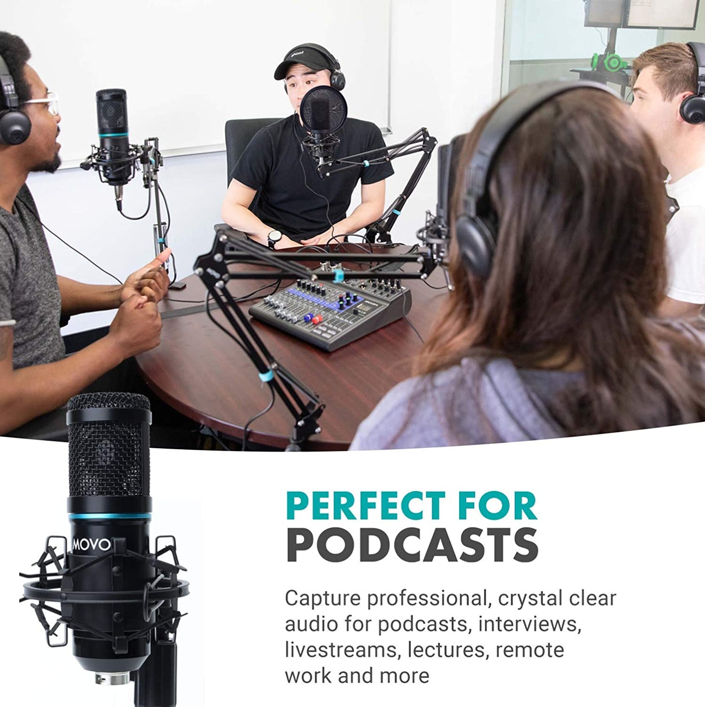 4-Pack Universal XLR Condenser Microphone Podcast Equipment Bundle for 4 - Includes Cardioid Mics, Desk Mount Stands, Shock Mounts, Pop Filters, and Audio Cables - Great for Zoom, Music, Youtube