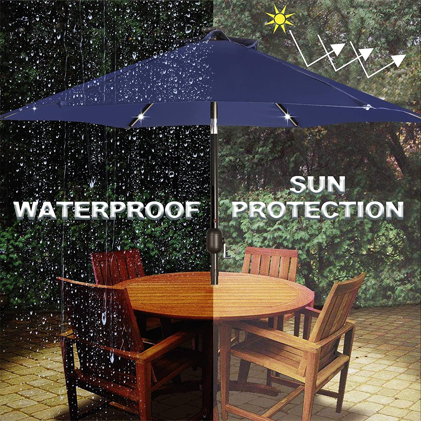 Outdoor Solar Umbrella - 7.5 Ft LED Lighted Patio Umbrella with Tilt and Crank for Garden, Deck, Backyard, Pool, and Beach