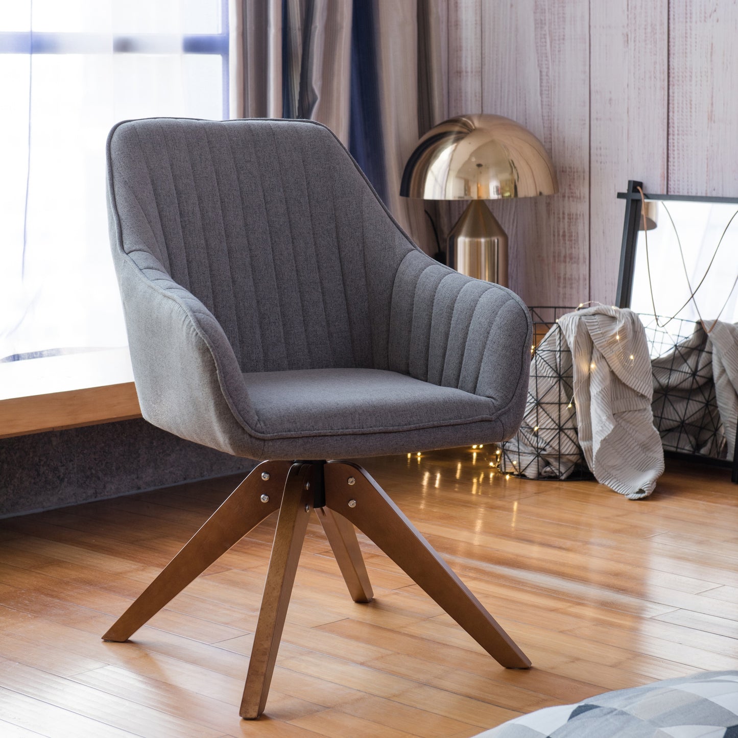 Modern Home Office Swivel Arm Accent Chair with Wood Legs