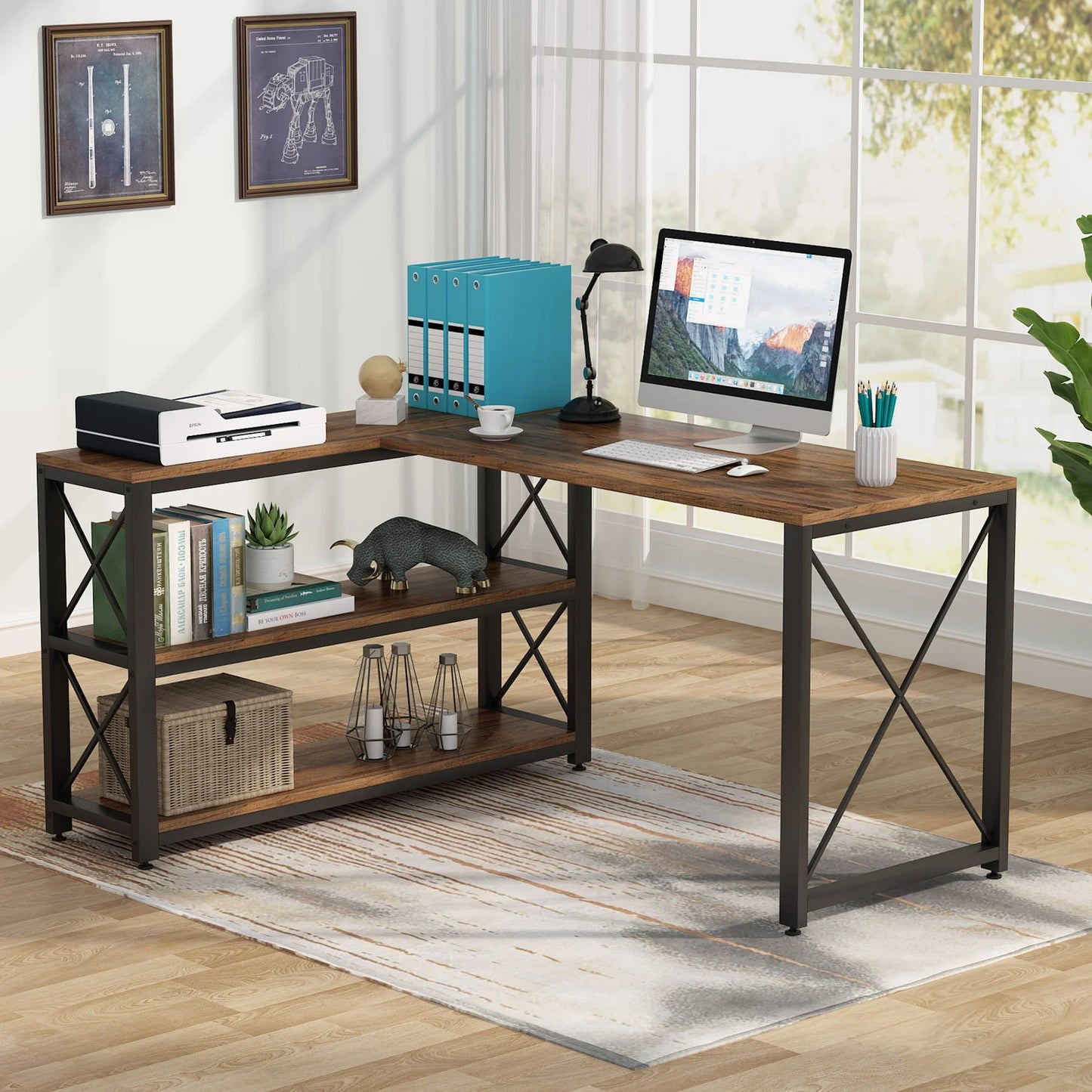 Industrial L-Shaped Desk with Storage Shelves, Corner Computer Desk PC Laptop Study Table Workstation