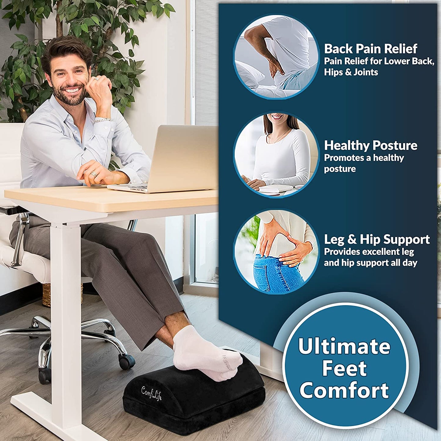 Foot Rest for under Desk at Work – Adjustable Memory Foam Foot Rest for Office Chair & Gaming Chair – Ergonomic Design for Back & Hip Pain Relief (Black)