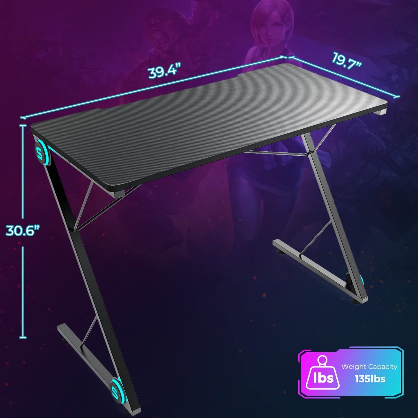 Gaming Desk, Z-Shaped Computer Desk PC Gaming Table, Black Gaming Desk with LED Lights, Home Office Work Desk for Small Spaces
