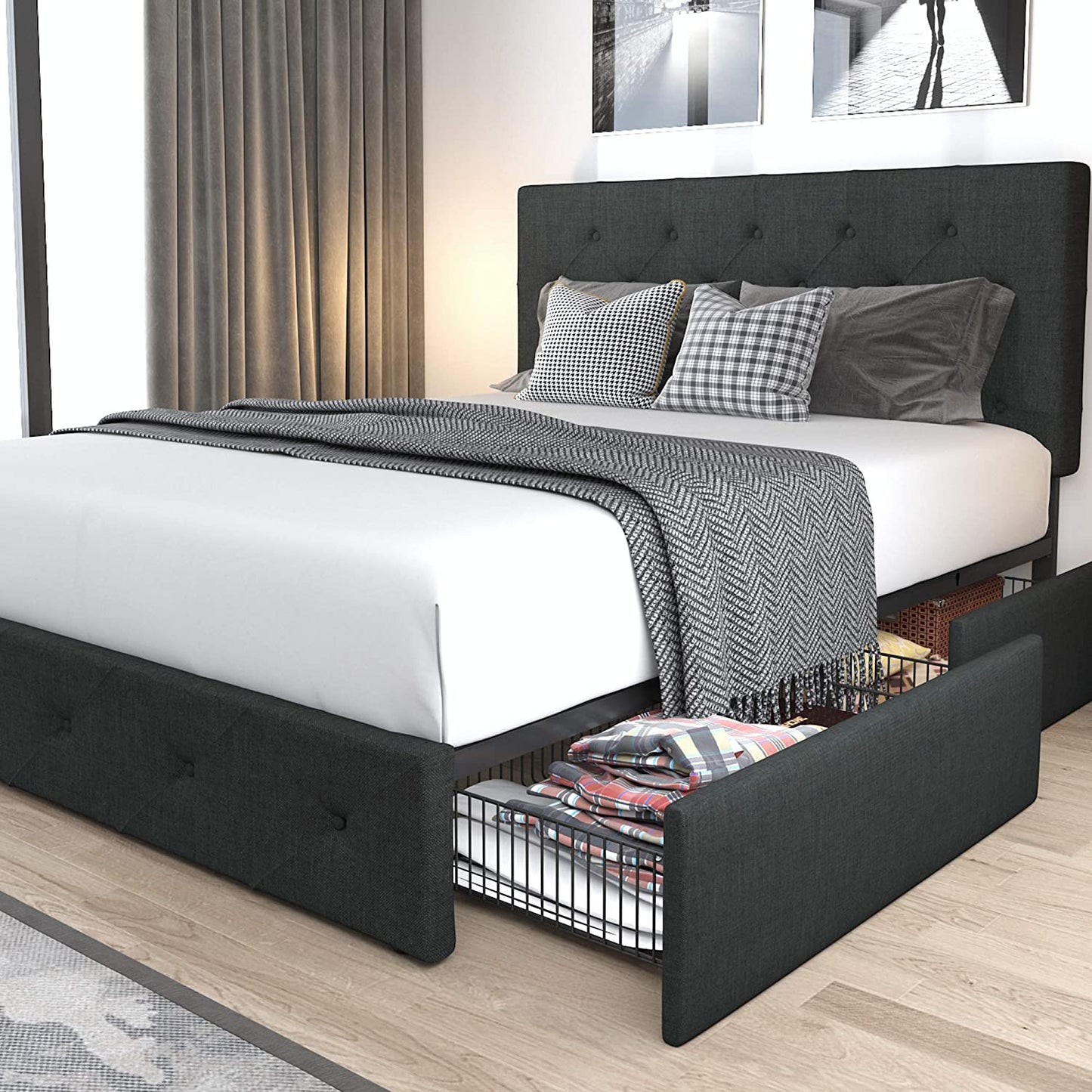 Queen Platform Bed Frame with 4 Drawers Storage and Headboard, Diamond Stitched Button Tufted Upholstered Mattress Foundation with Wood Slat Support, Dark Grey