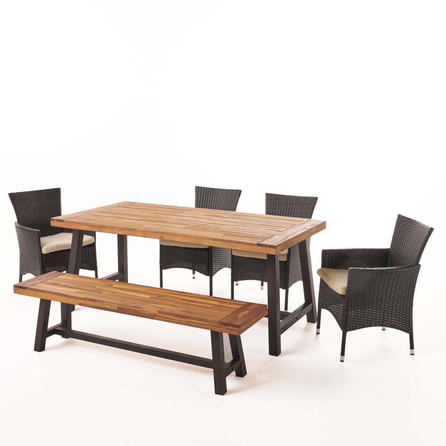 Linden Outdoor 6 Piece Rustic Iron and Acacia Wood Dining Set by
