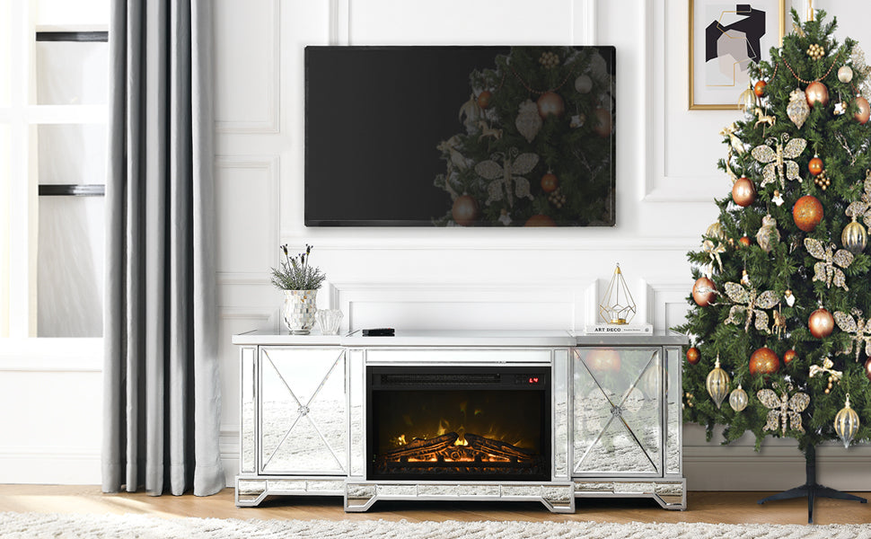 Co & Supply Mirrored Electric Fireplace TV Stand up to 65”, Mirrored TV Stand with 18” LED Fireplace and Remote