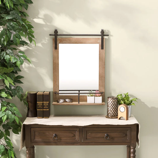 Rustic Barn Door Wall Vanity Mirror with Shelf