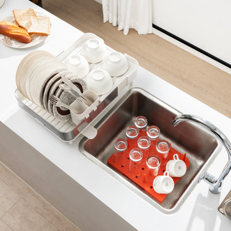 Taylor & Co Expandable Dish Drying Rack Adjustable Dual-Part Dish Drainer with Detachable Utensil Holder