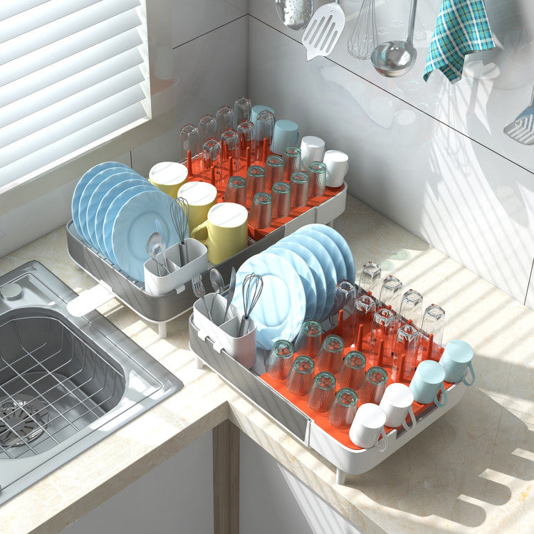 Taylor & Co Expandable Dish Drying Rack Adjustable Dual-Part Dish Drainer with Detachable Utensil Holder
