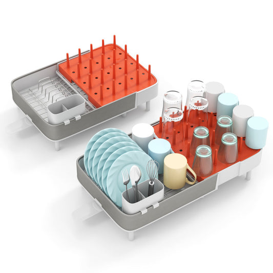 Taylor & Co Expandable Dish Drying Rack Adjustable Dual-Part Dish Drainer with Detachable Utensil Holder