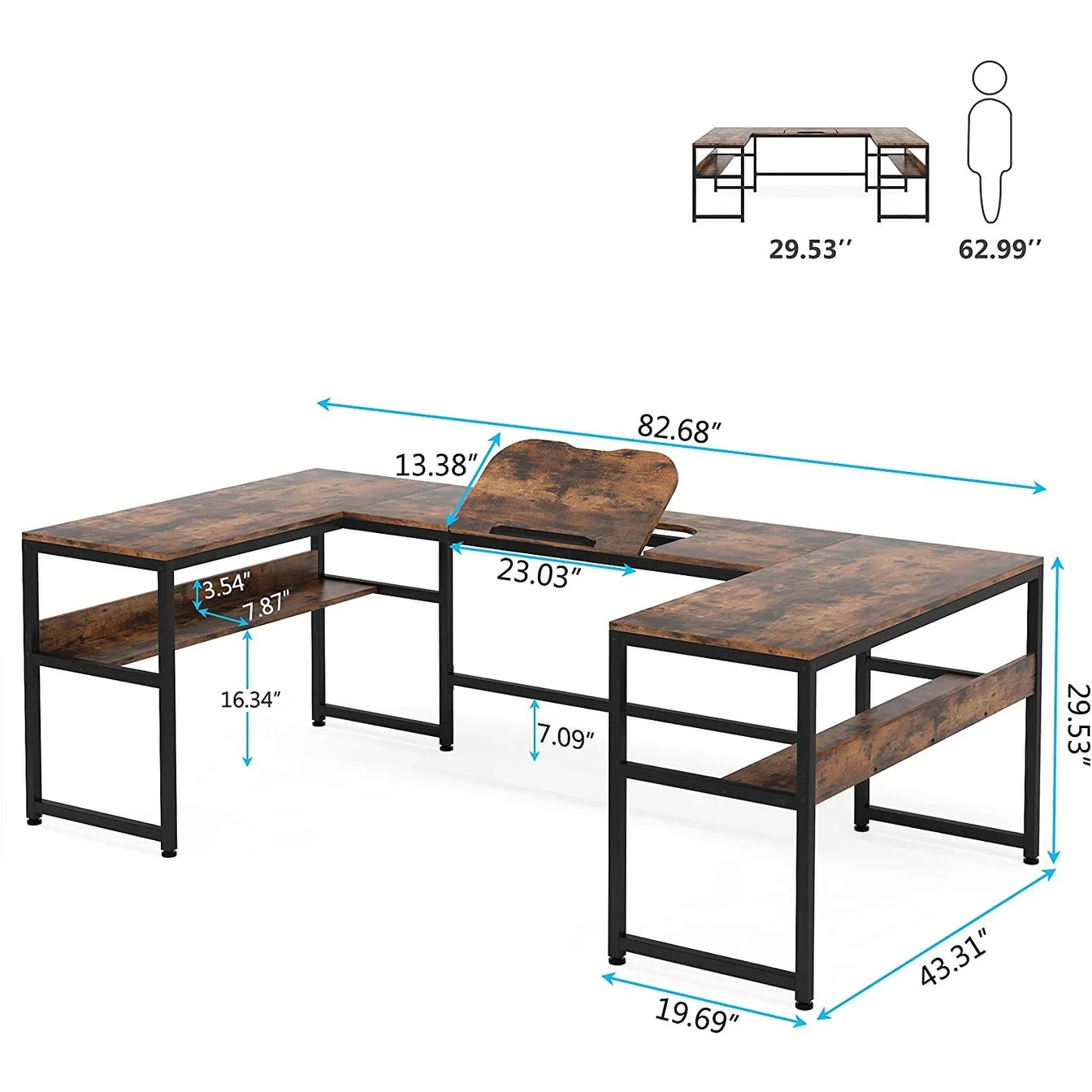 U- Shaped Desk with Bookshelf and Tiltable Drawing Board Large L Shaped Computer Desk Table