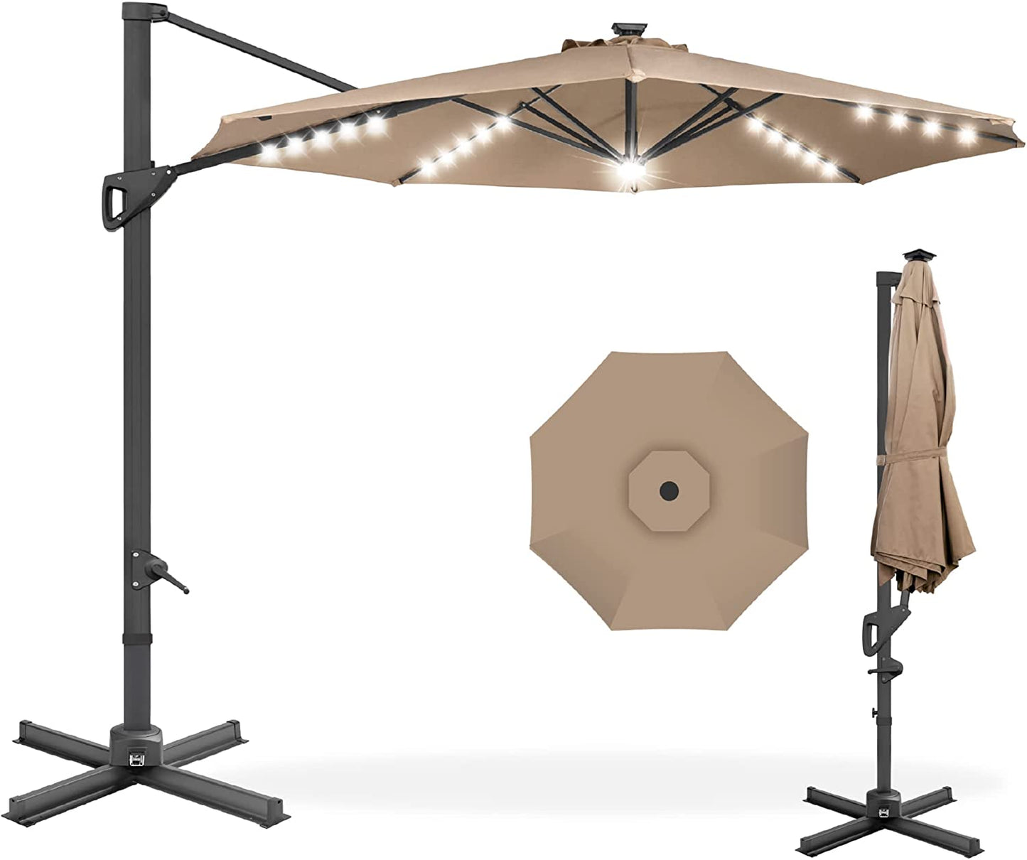 Solar LED Cantilever Patio Umbrella with Lights, 10 Foot Easy Tilt, and Cross Base, 360-Degree Hanging Offset Sun Shade for Backyard, Deck, and Poolside