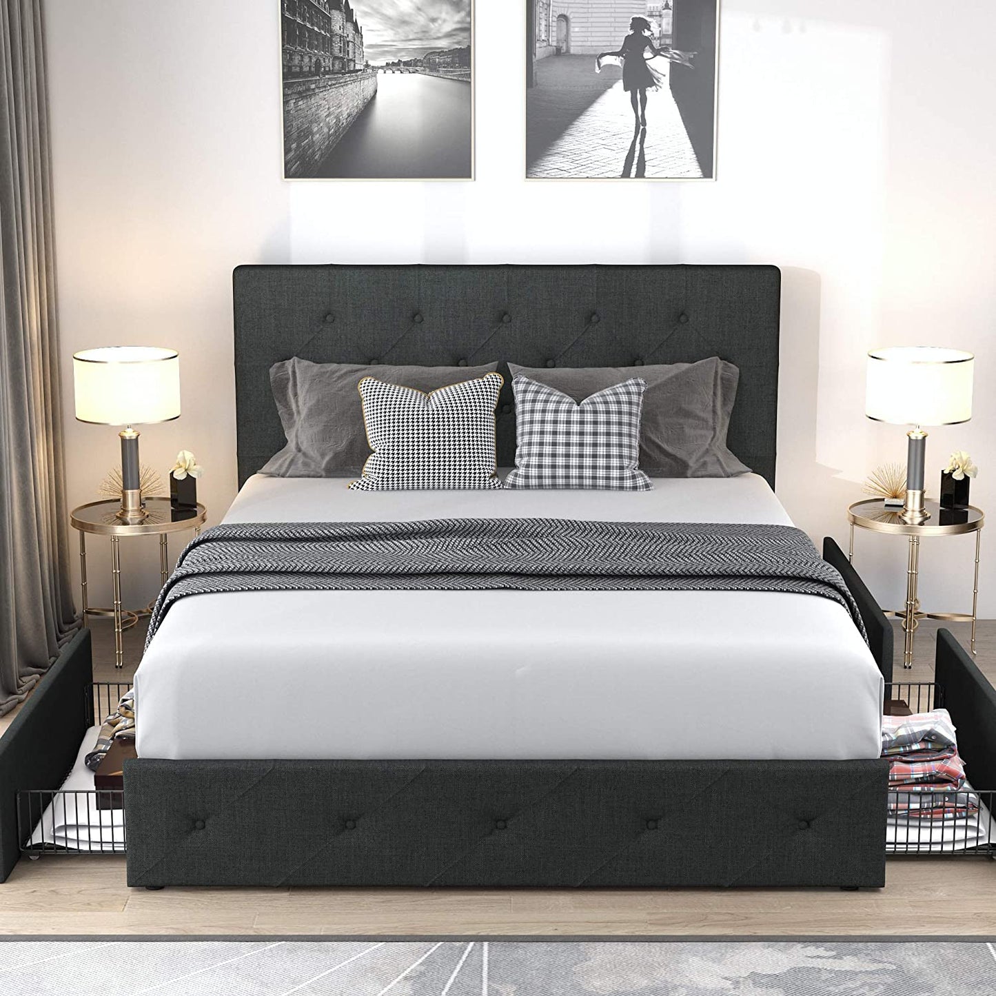 Queen Platform Bed Frame with 4 Drawers Storage and Headboard, Diamond Stitched Button Tufted Upholstered Mattress Foundation with Wood Slat Support, Dark Grey