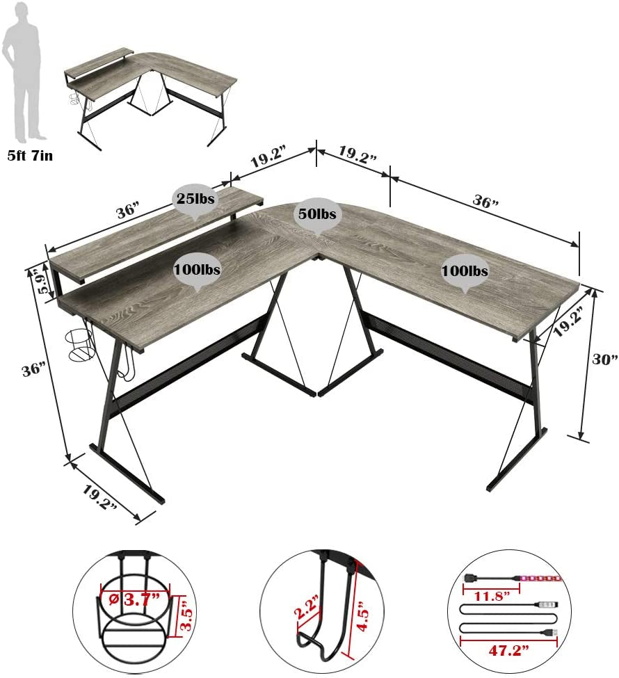 Gaming Desk 55 Inch LED L Shaped Computer Corner Desk with 36" Large Monitor Shelf Gamer Desk Workstation Reversible 72" Long Desk for 2 Persons Cup Holder Headset Hook, Carbon Fiber Black