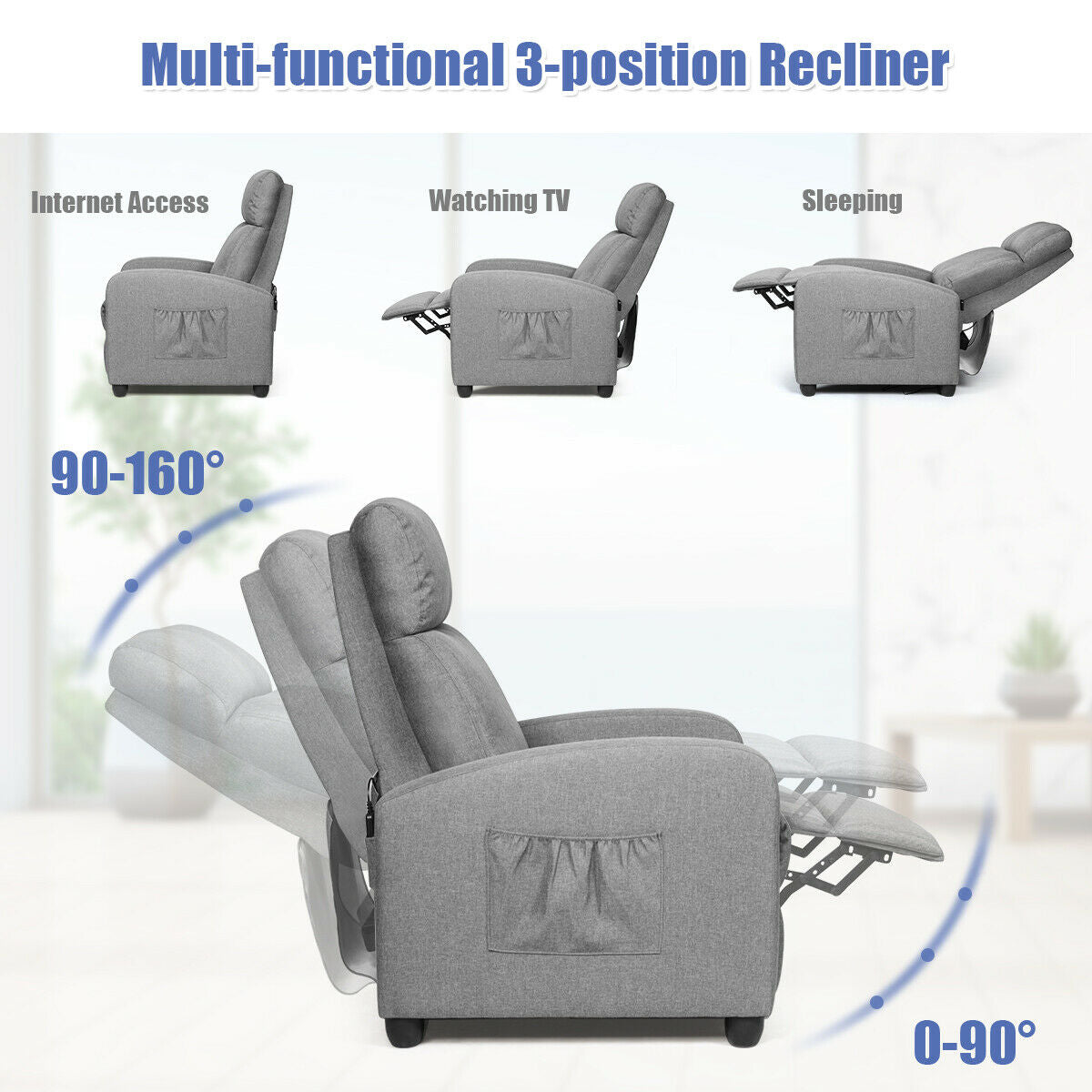 Massage Recliner Chair Single Sofa Fabric Padded Seat W/ Footrest