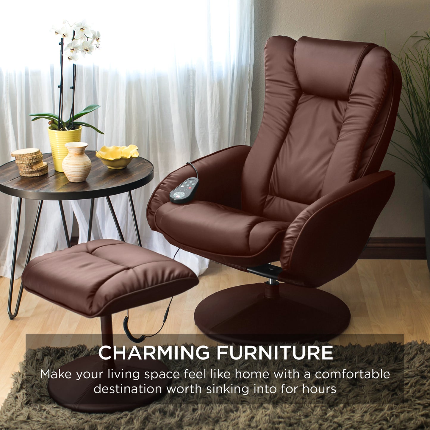 Faux Leather Electric Massage Recliner Chair W/ Stool Ottoman, Remote Control, 5 Modes - Brown