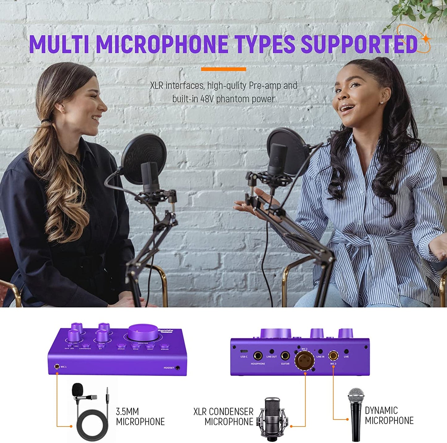 Audio Interface Sound Card, Beginner Podcast Equipment Bundle with 3.5Mm Microphone for Live Streaming, PC, Mac, Recording, Gaming, Guitar