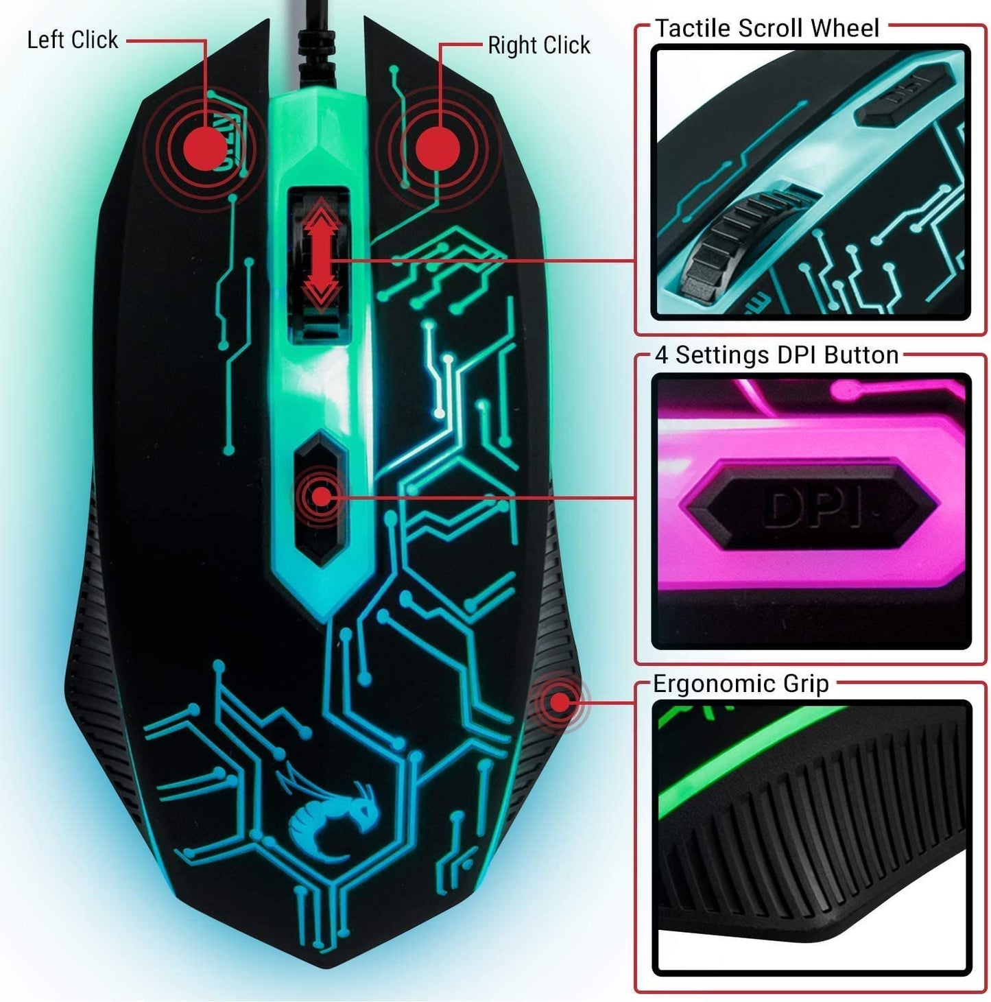 Gaming Keyboard and Mouse and Mouse Pad and Gaming Headset, Wired LED RGB Backlight Bundle for PC Gamers and Xbox and PS4 Users - 4 in 1 Edition Hornet RX-250