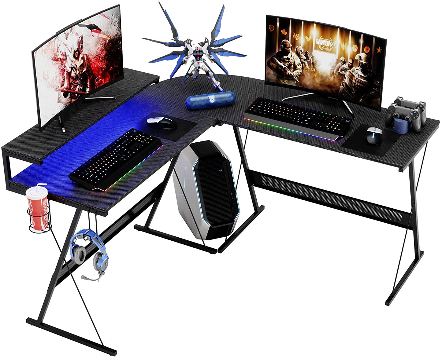 Gaming Desk 55 Inch LED L Shaped Computer Corner Desk with 36" Large Monitor Shelf Gamer Desk Workstation Reversible 72" Long Desk for 2 Persons Cup Holder Headset Hook, Carbon Fiber Black