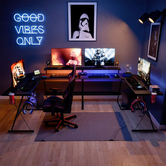 Gaming Desk 55 Inch LED L Shaped Computer Corner Desk with 36" Large Monitor Shelf Gamer Desk Workstation Reversible 72" Long Desk for 2 Persons Cup Holder Headset Hook, Carbon Fiber Black