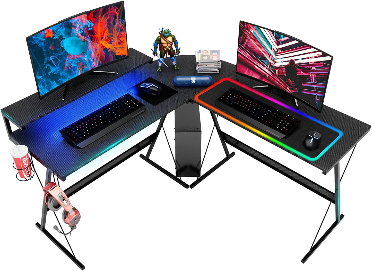 Gaming Desk 55 Inch LED L Shaped Computer Corner Desk with 36" Large Monitor Shelf Gamer Desk Workstation Reversible 72" Long Desk for 2 Persons Cup Holder Headset Hook, Carbon Fiber Black